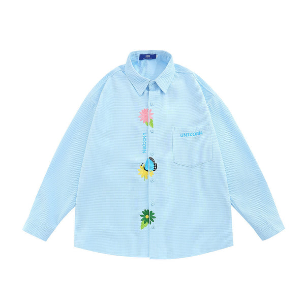 Simple Flower Embroidered Long-sleeved Men's Cardigan Waffle Lapel Shirt