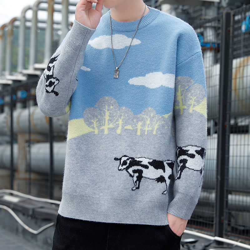 Men's Fleece Thickened Round Neck Warm Loose Knitted Sweater