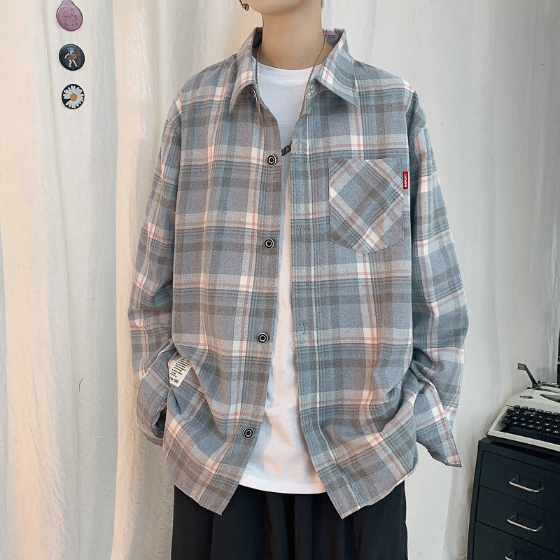 Loose Long Sleeved Plaid shirt jacket men