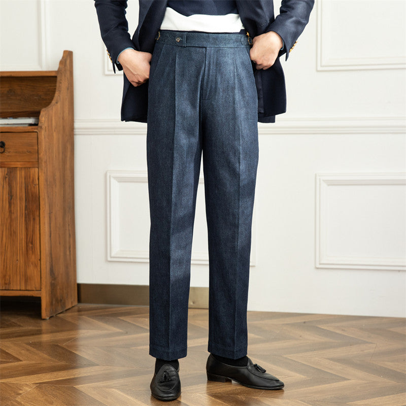 Pantalón de cintura alta azul profundo de algodón con lavado vintage para hombre