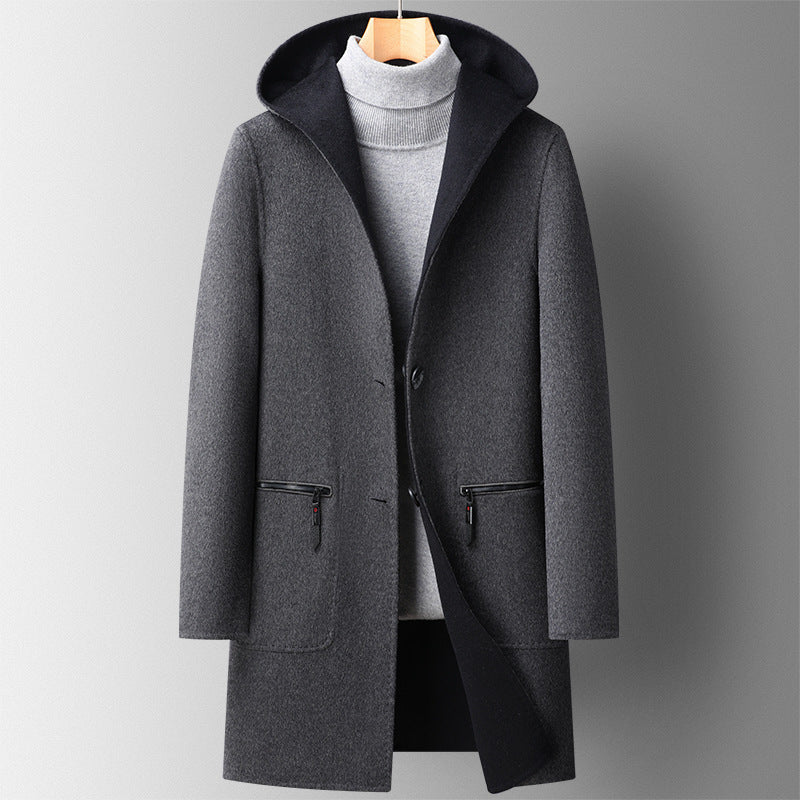 Fall Winter Hooded Double-sided Wool Men's Mid-length overcoat