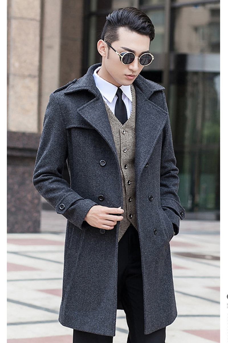 Woolen Striped Double Breasted Thickened Warm Windbreaker trench coat