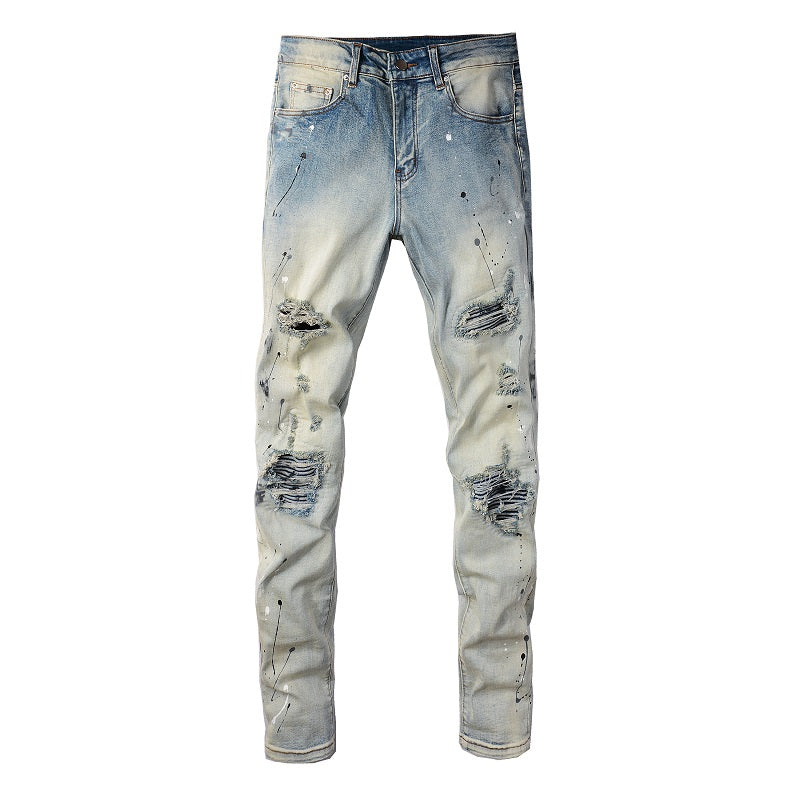 Light Colored Paint Splashed Ink Used Water Washed Torn Jeans