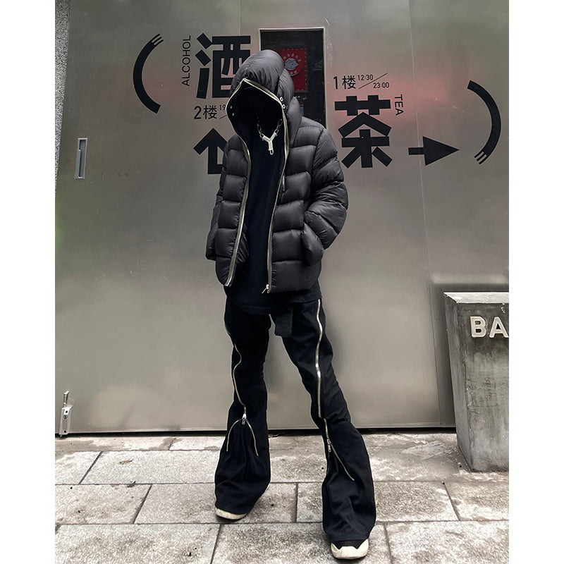 Dark Long Zipper Hooded Down Jacket