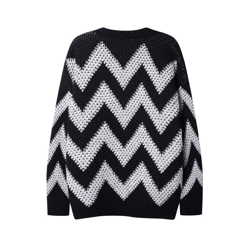 Retro Diamond Plaid Contrast Color Wave Striped Sweater