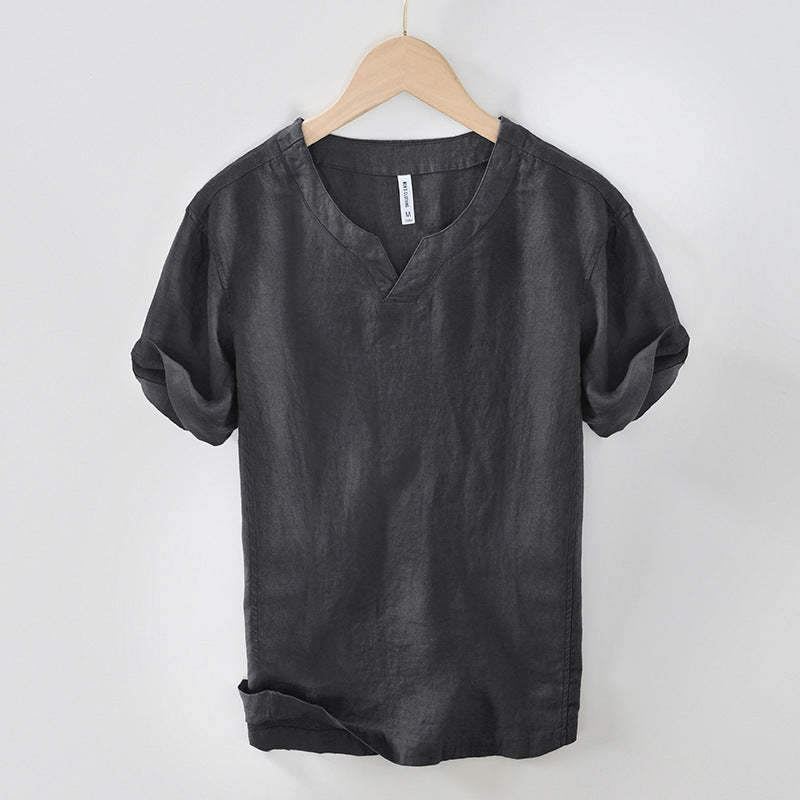 Men's Retro V-neck Linen Bottoming Shirt Short-sleeved T-shirt