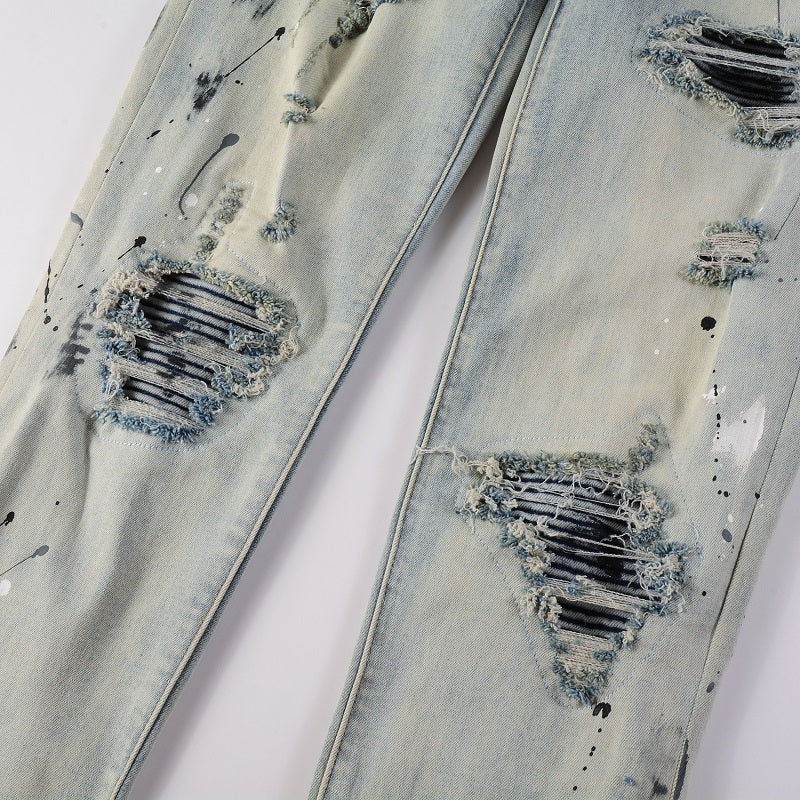 Light Colored Paint Splashing Old Washed Jeans For Men