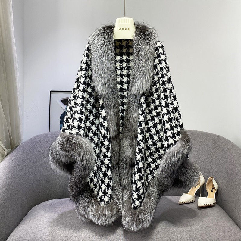 Houndstooth Thickened Net Red Fur Coat Shawl Cloak