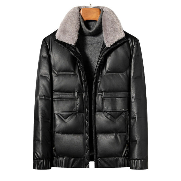Men's Leather Down Short Fleece Padded Coat