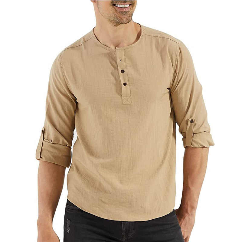 Men's Casual Cotton And Linen Plain Long-sleeved Shirt