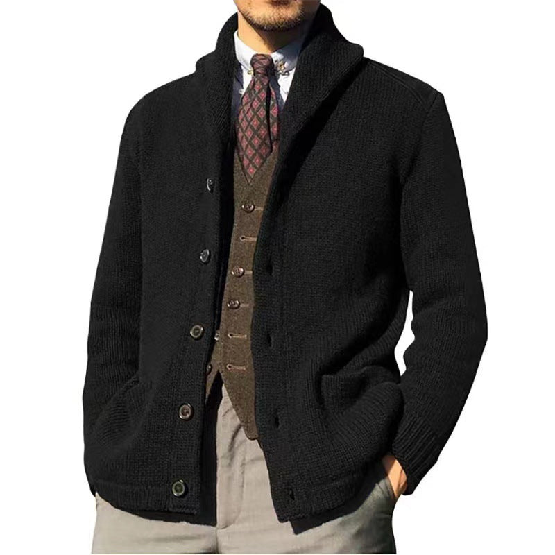 Mens Shawl Collar Cardigan Sweater Cable Knitted Down Ribbed Knitwear Outwear With Pockets