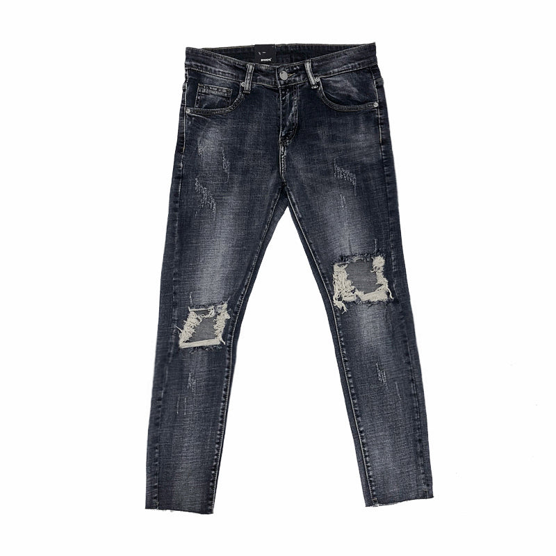 High Street Ripped Knee Jeans Cropped Pants Men