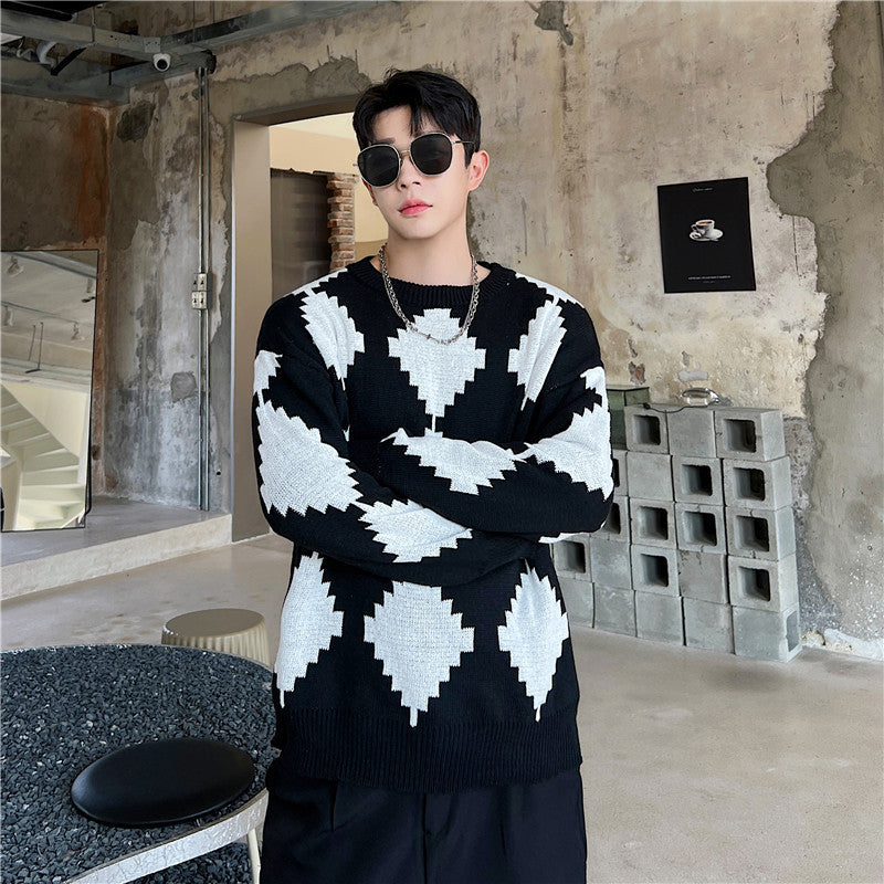 Ins Black And White Contrast Rhomboid Round Neck Knit sweater