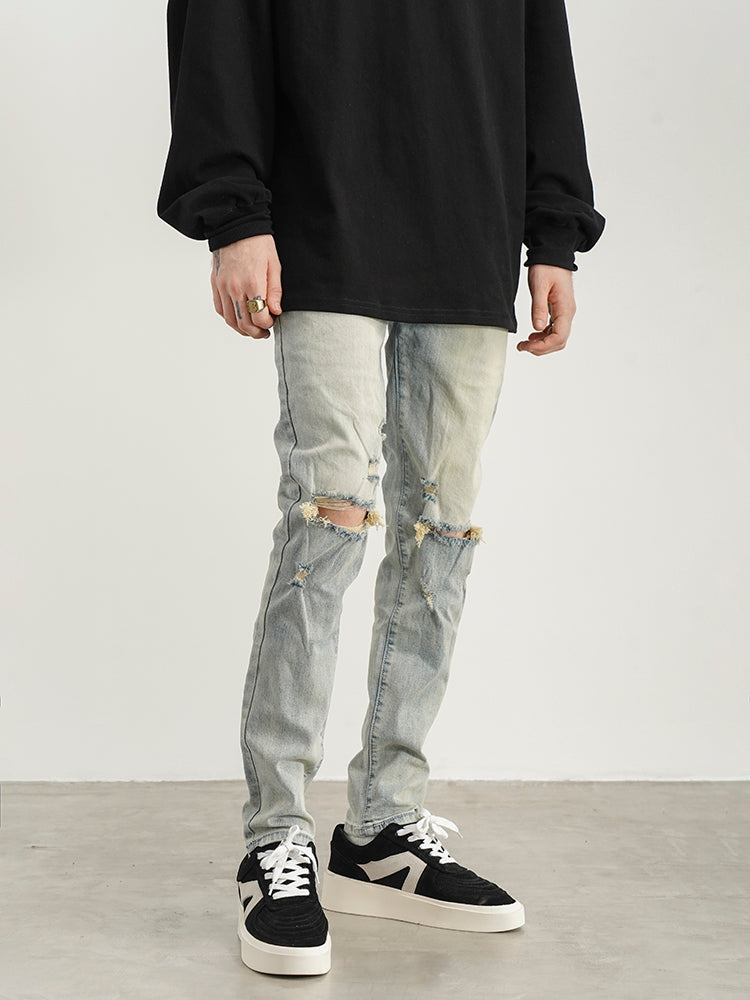 Ripped Washed Yellowed Slim-fit Jeans