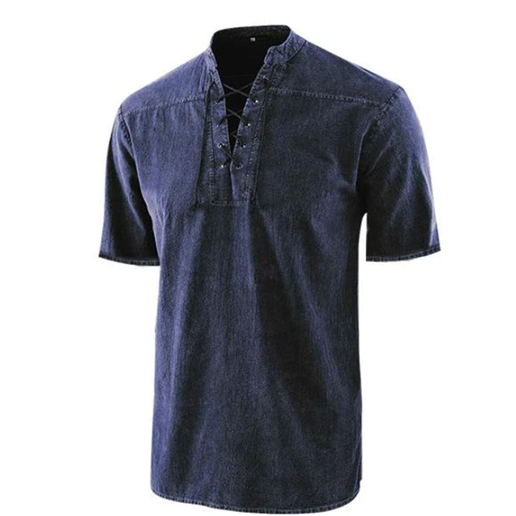 Retro Shirt Men Tie Collar Short-sleeved Shirt Summer