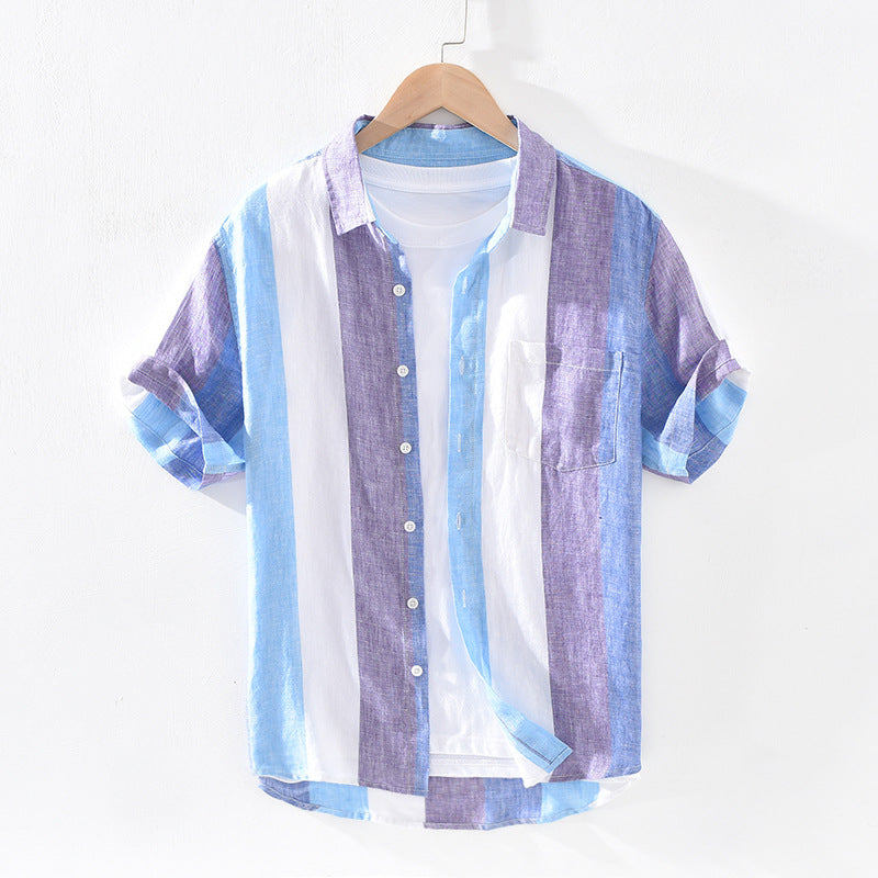 Striped Linen Shirt Men's Loose Thin Square Collar Short Sleeves