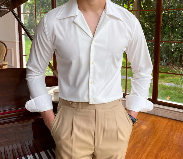 Camisa casual de manga larga con cuello cubano para hombre