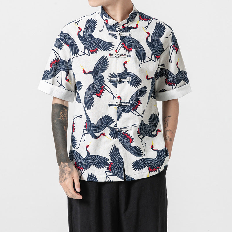 Men's Loose Stand-up Collar Printed Short-sleeved Shirt