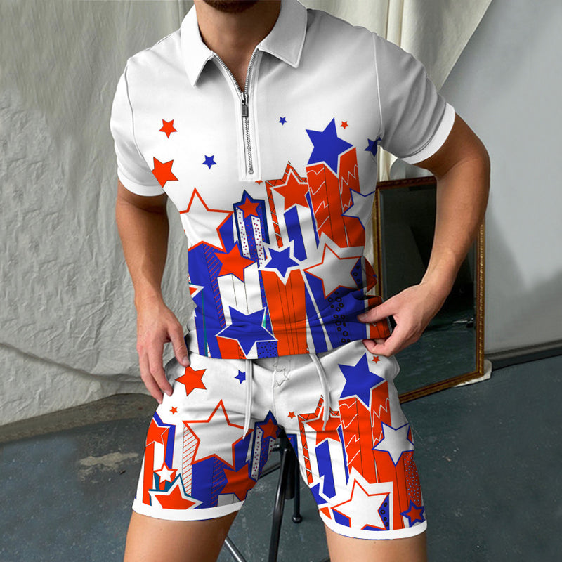 Traje de camisa POLO de manga corta con estampado 3D, pantalones cortos con cremallera para hombre