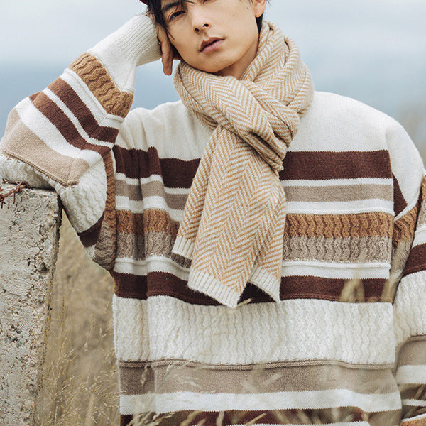 Striped Twisted Patchwork Round Neck Sweater For Men