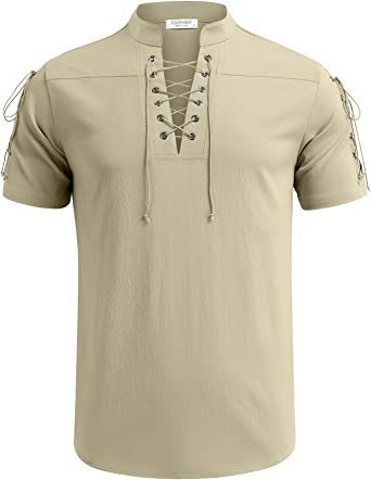 Men's Beach Shirt Short Sleeve Tie V Neck T-Shirt Summer