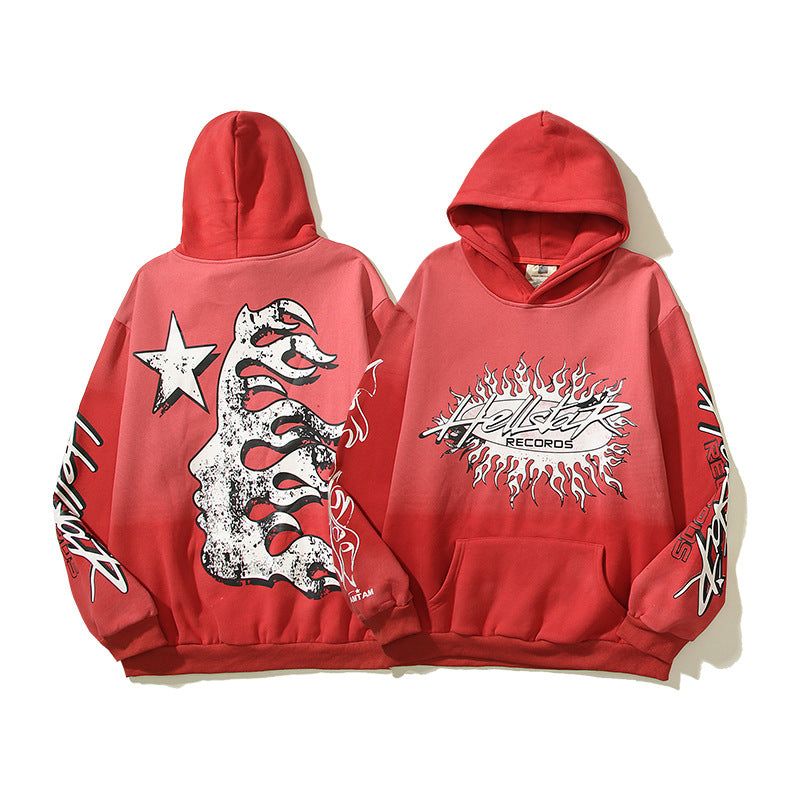 Vintage Clay Print Flame Red Hooded Sweater