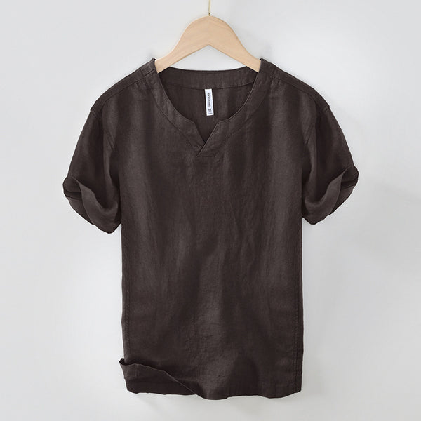 Men's Retro V-neck Linen Bottoming Shirt Short-sleeved T-shirt