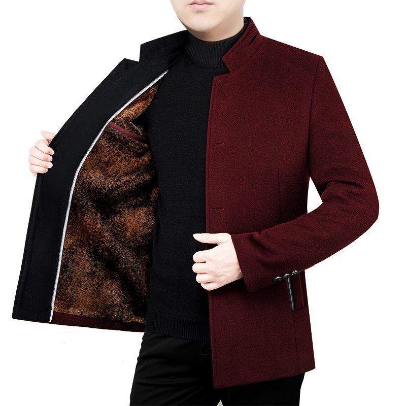 Middle-aged Men's Woolen Coat Velvet Stand Collar Fleece Padded jacket