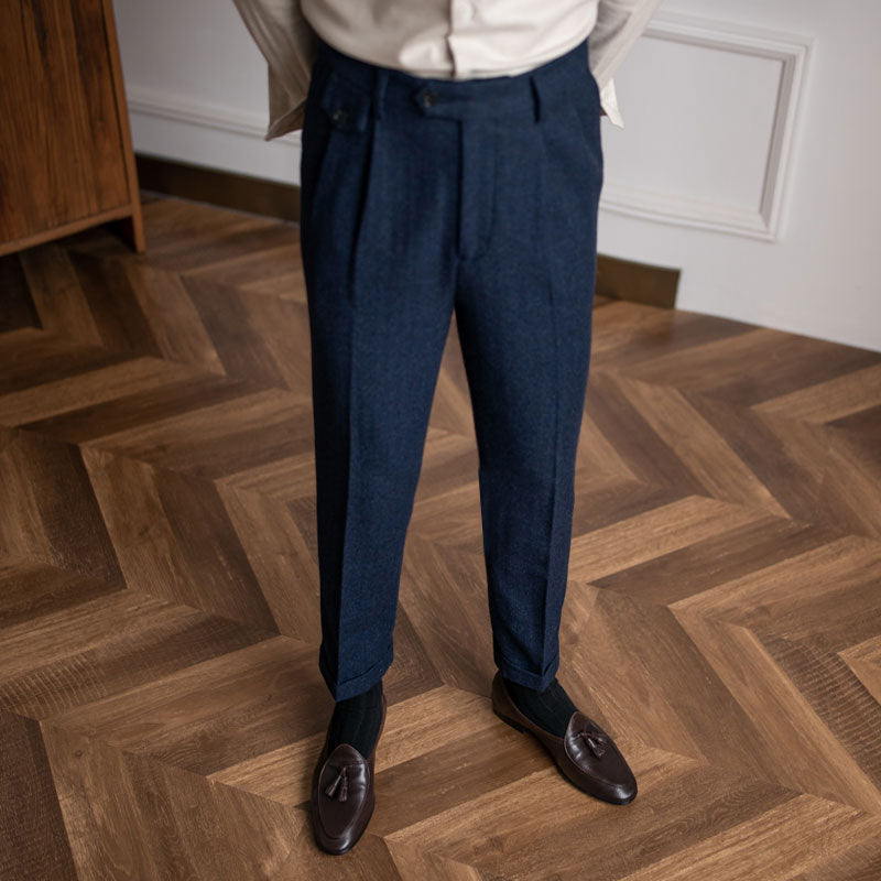 Herringbone Wool Suit Pants Men's High Waist Straight pants