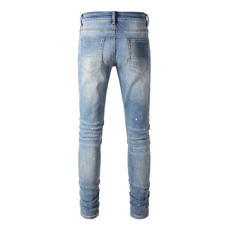 High Street Worn Out Wash Paint Splashing Perforated Jeans