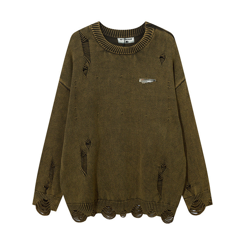 Heavy-duty Washed Old Ripped Round Neck Sweater