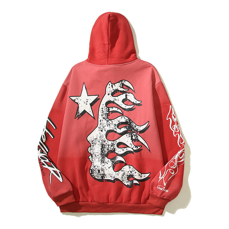 Vintage Clay Print Flame Red Hooded Sweater