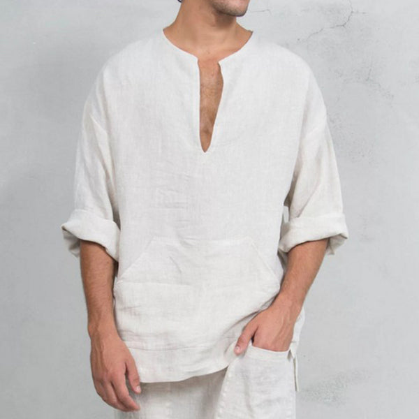 Camisa de hombre transpirable de color sólido suelta de lino de algodón para hombre