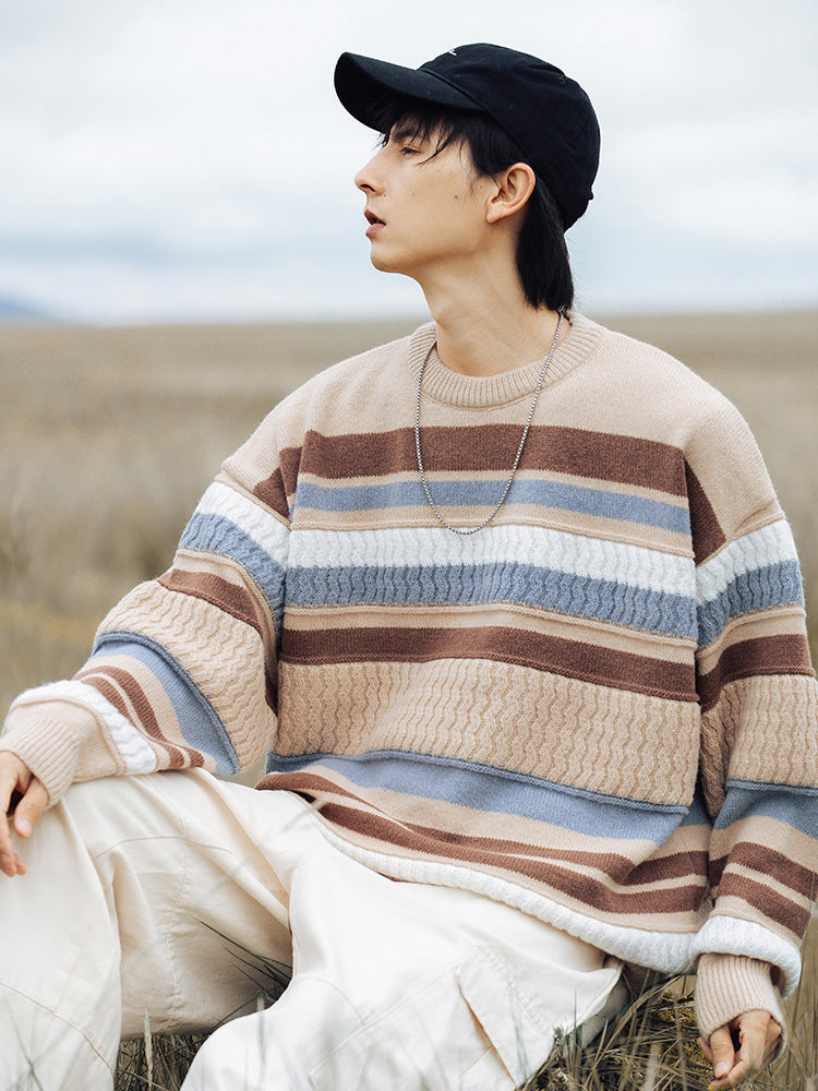 Striped Twisted Patchwork Round Neck Sweater For Men