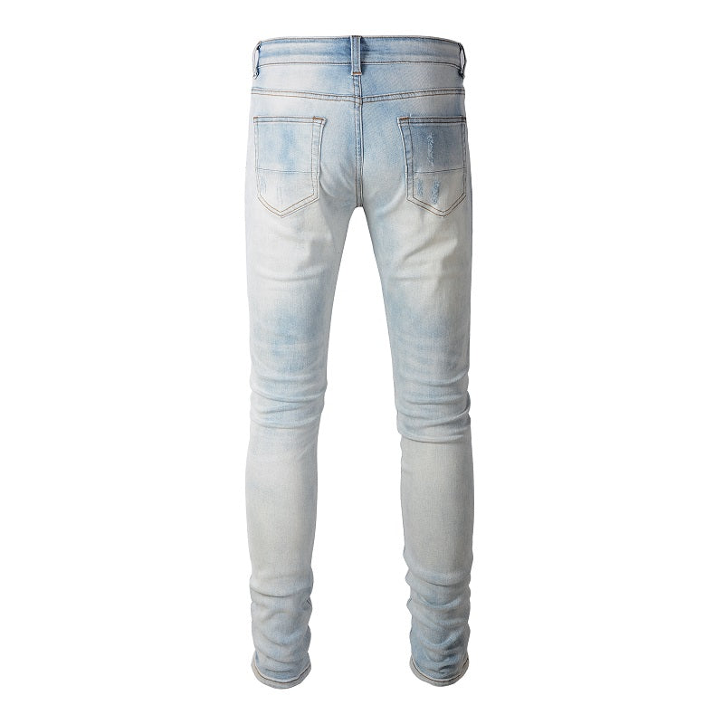 Blue Wash Water Worn Patch Torn Jeans for men