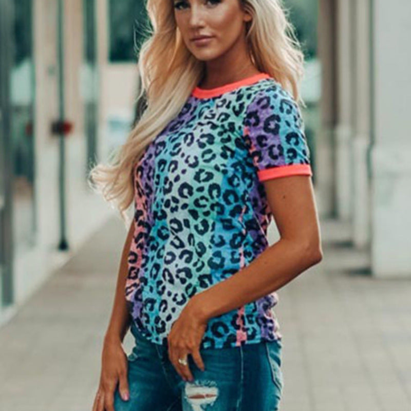 Leopard Print Tie-dye Round Neck Colorful Short Sleeves