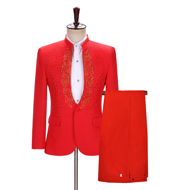 Men's Hot Flower Rhinestone Stand Collar Suit