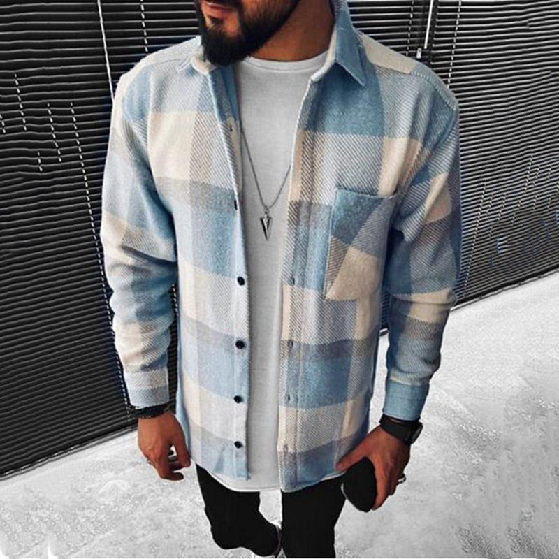 Spring And Autumn Men's Color Block Check Print Shirt