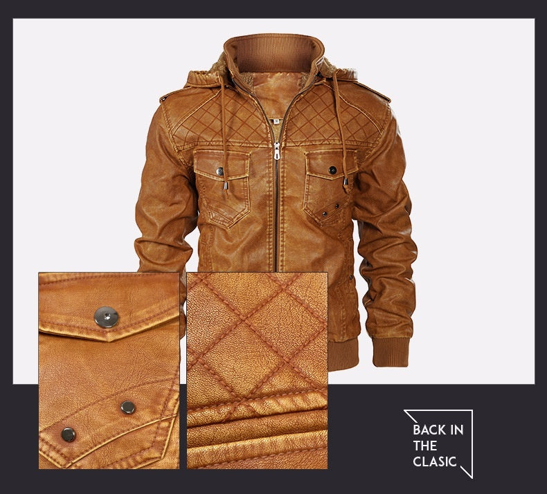 Fleece-lined Men's Autumn And Winter Hooded Leather Jacket