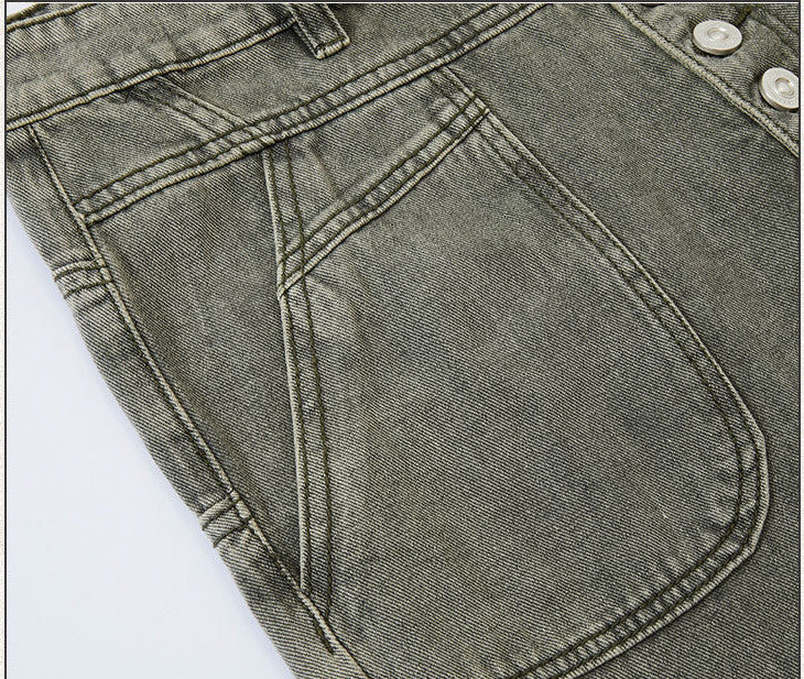 Pantalones de mezclilla ajustados con costuras desgastadas y lavados en la calle para hombres