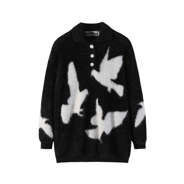 Pigeon Jacquard Furry Lapel Sweater