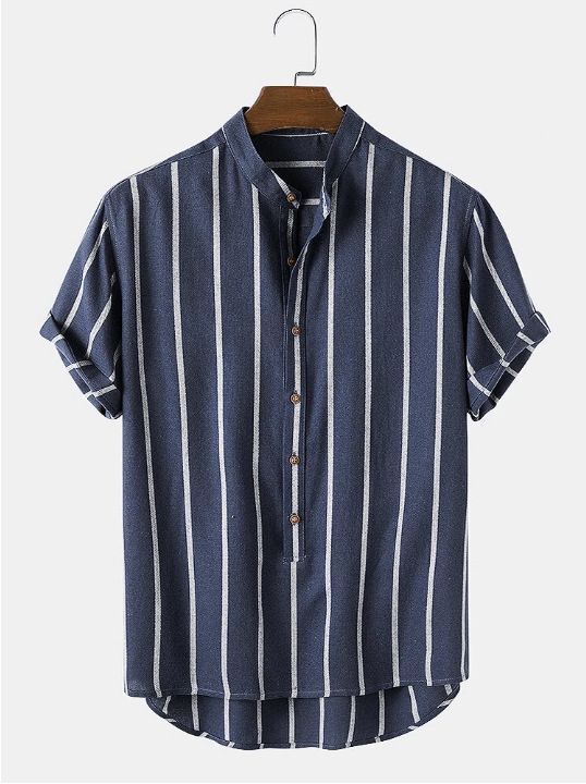 Striped Men's Stand Collar Short Sleeve Shirt Men