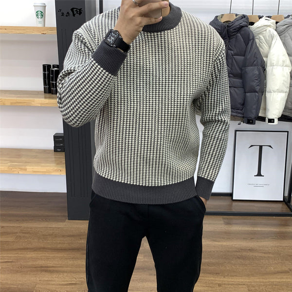 Round Neck Base Slim Fit Pullover Thick Plaid Sweater