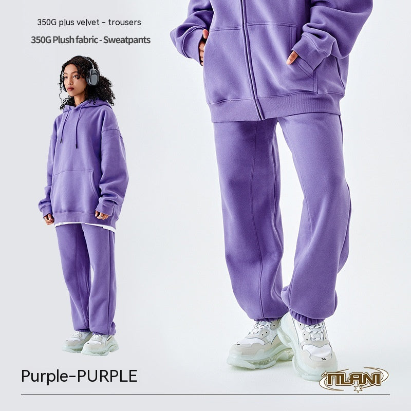 Fleece-lined Thick Loose Solid Color Sweatpants