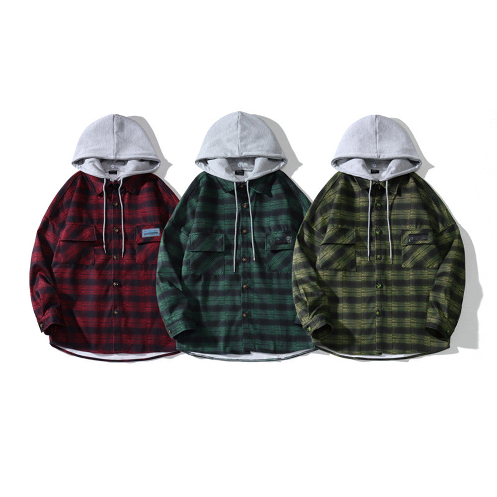 Hooded Plaid Shirt Men's Loose Casual Jacket