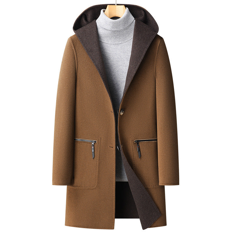 Fall Winter Hooded Double-sided Wool Men's Mid-length overcoat