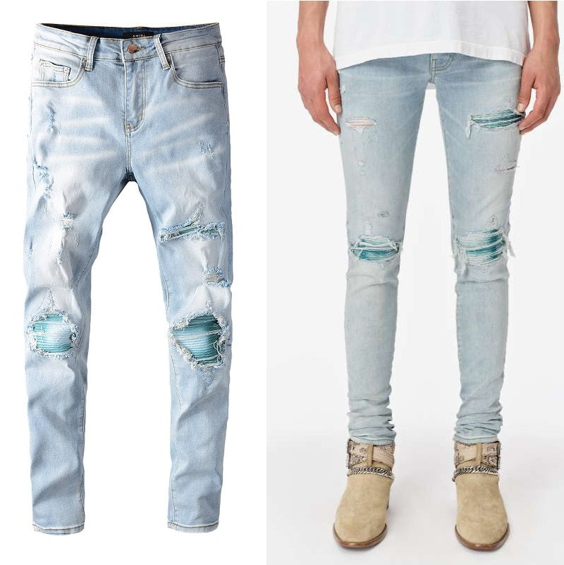 Blue Wash Water Worn Patch Torn Jeans for men