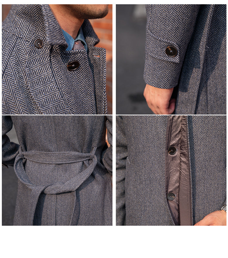 Men's Herringbone Wool Slim Fit Mid Length trench Coat