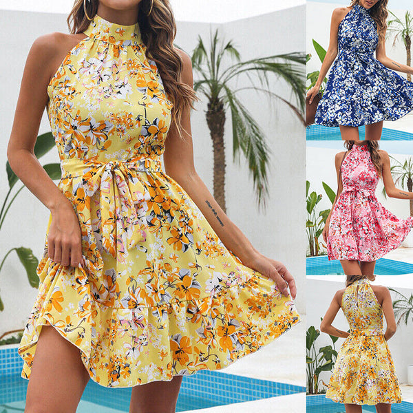 Flowers Print Halterneck Summer Lace-up Ruffled Dresses For Women