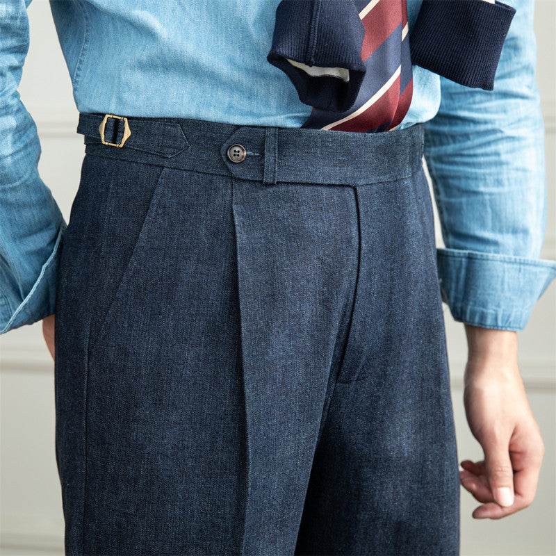 Pantalón de cintura alta azul profundo de algodón con lavado vintage para hombre
